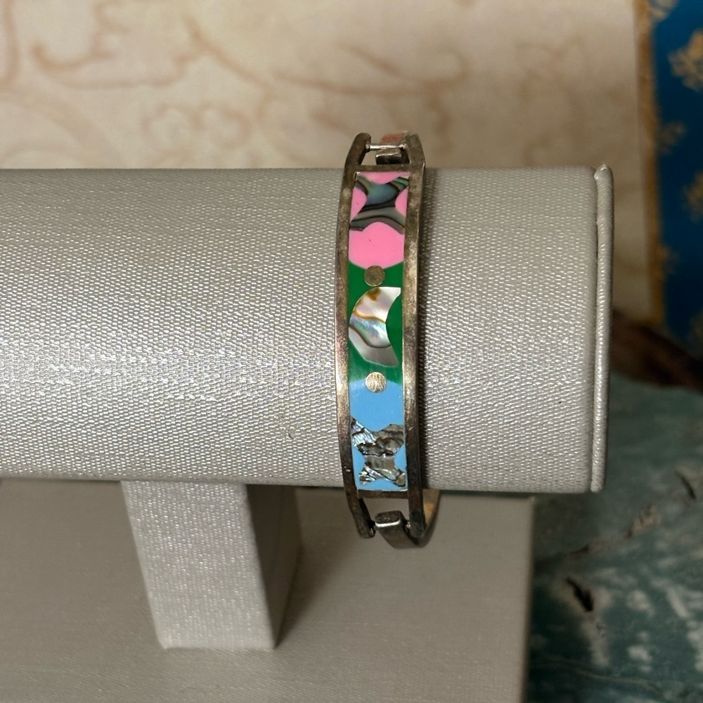 Silver Abalone Pink Green Blue Inlay Alpaca Hinged Bangle Bracelet